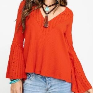 Free People Parisian Nights Boho Eyelet Bell Sleeve Orange Top Festival Chic S/M